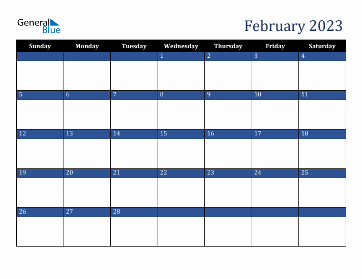 Sunday Start Calendar for February 2023