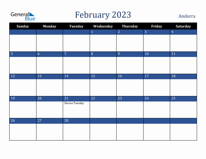 February 2023 Andorra Calendar (Sunday Start)