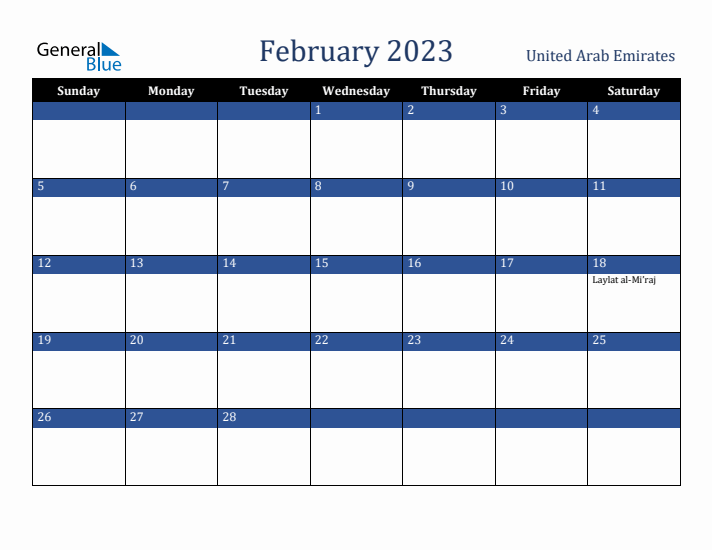 February 2023 United Arab Emirates Calendar (Sunday Start)
