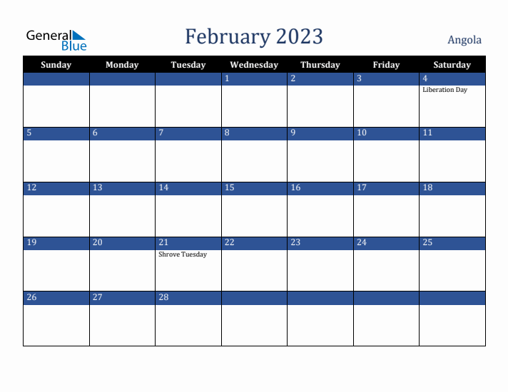 February 2023 Angola Calendar (Sunday Start)