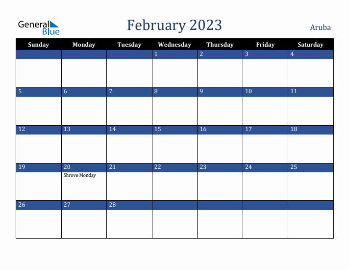 February 2023 Aruba Calendar (Sunday Start)