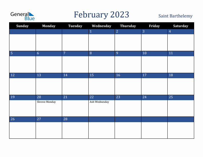 February 2023 Saint Barthelemy Calendar (Sunday Start)