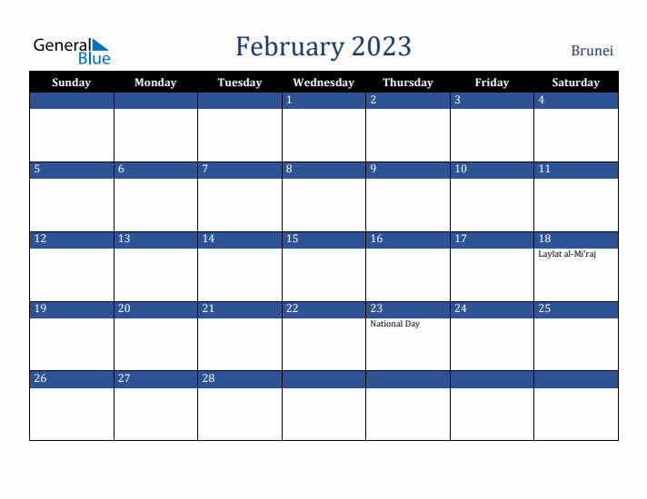 February 2023 Brunei Calendar (Sunday Start)