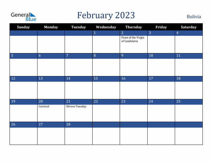 February 2023 Bolivia Calendar (Sunday Start)