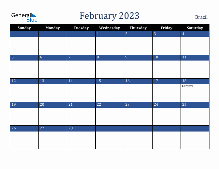 February 2023 Brazil Calendar (Sunday Start)