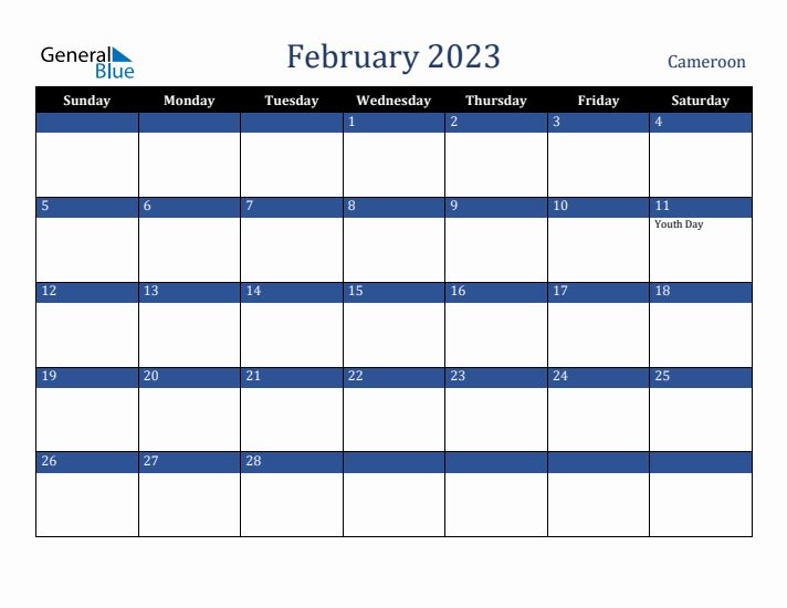 February 2023 Cameroon Calendar (Sunday Start)
