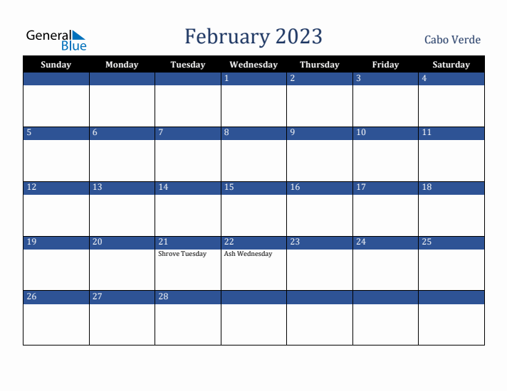 February 2023 Cabo Verde Calendar (Sunday Start)