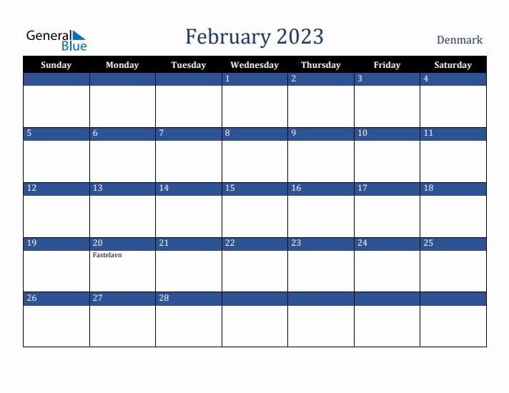 February 2023 Denmark Calendar (Sunday Start)