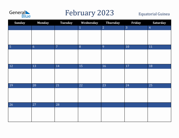 February 2023 Equatorial Guinea Calendar (Sunday Start)