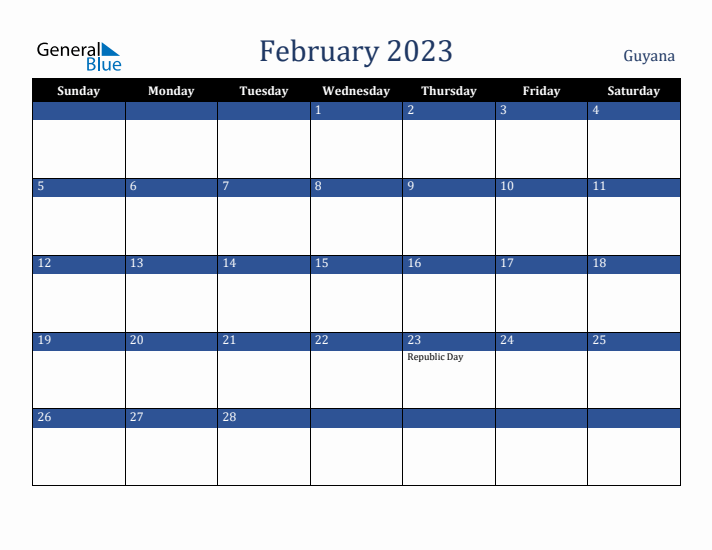 February 2023 Guyana Calendar (Sunday Start)