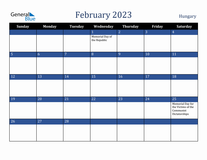 February 2023 Hungary Calendar (Sunday Start)