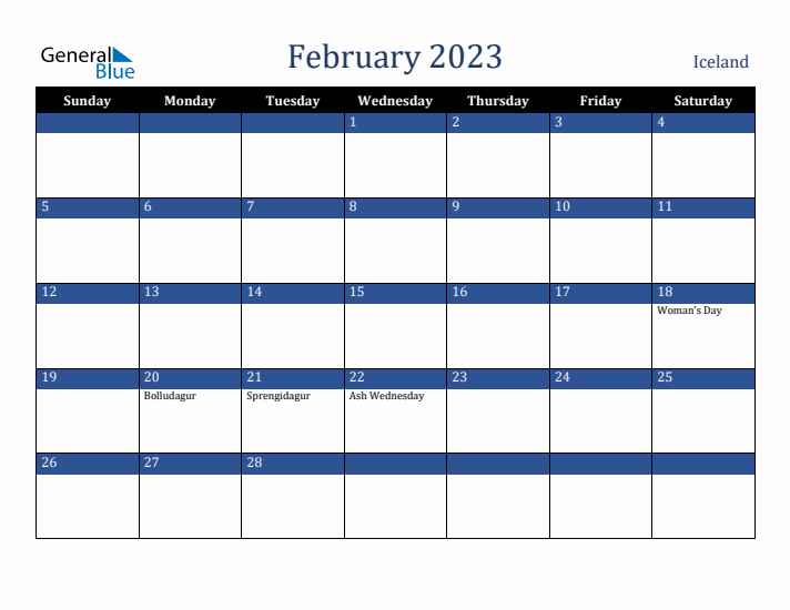 February 2023 Iceland Calendar (Sunday Start)