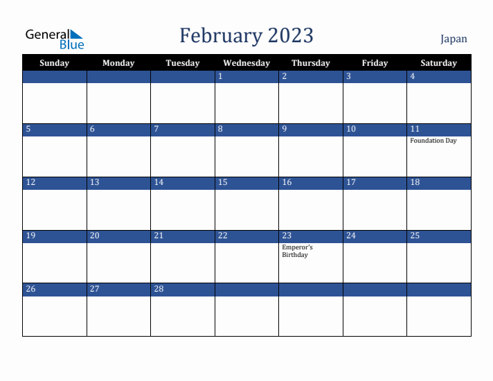 February 2023 Japan Calendar (Sunday Start)