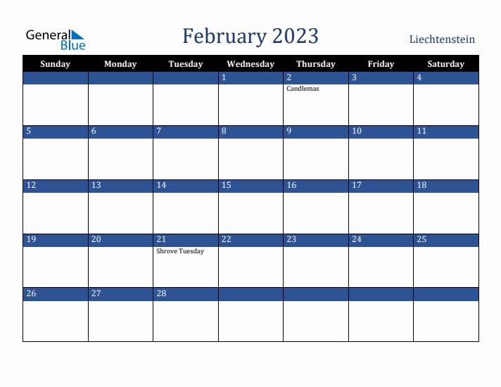 February 2023 Liechtenstein Calendar (Sunday Start)