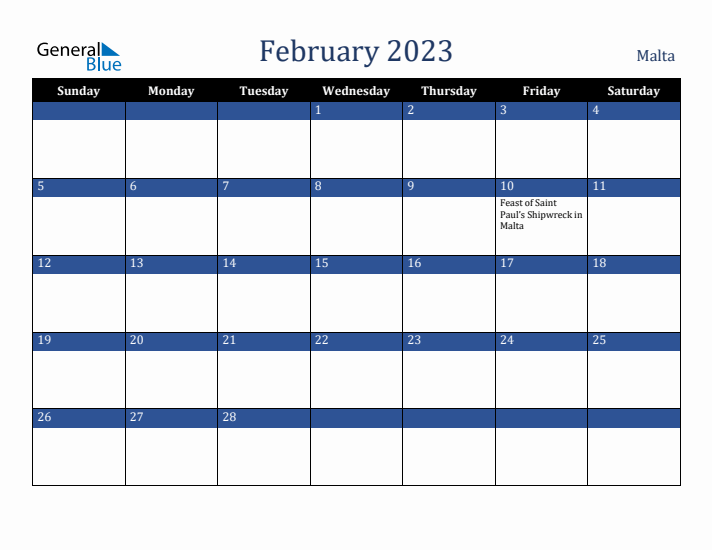 February 2023 Malta Calendar (Sunday Start)