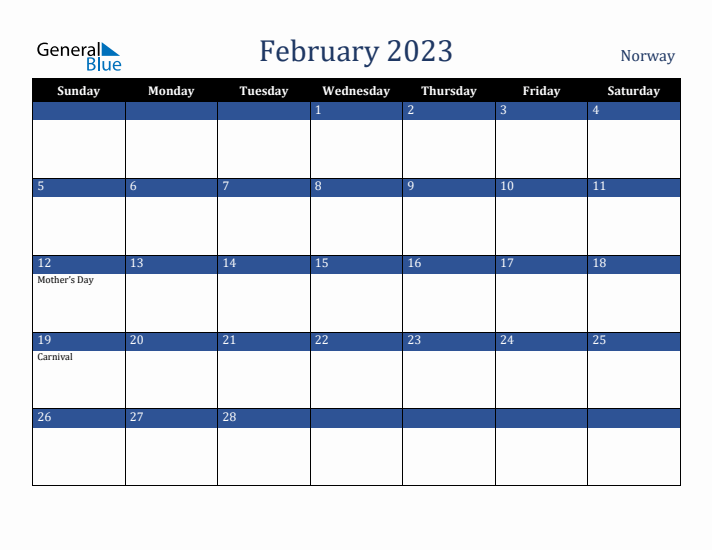 February 2023 Norway Calendar (Sunday Start)
