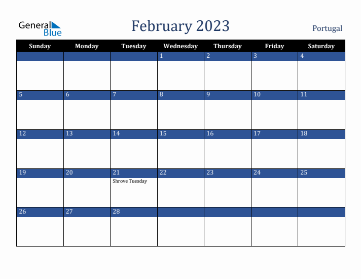 February 2023 Portugal Calendar (Sunday Start)