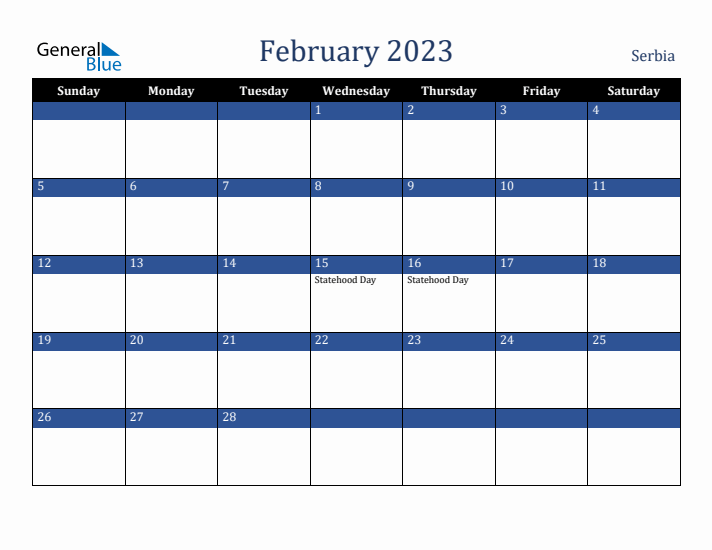 February 2023 Serbia Calendar (Sunday Start)