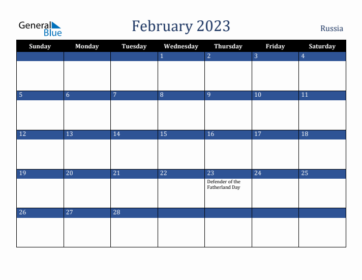 February 2023 Russia Calendar (Sunday Start)
