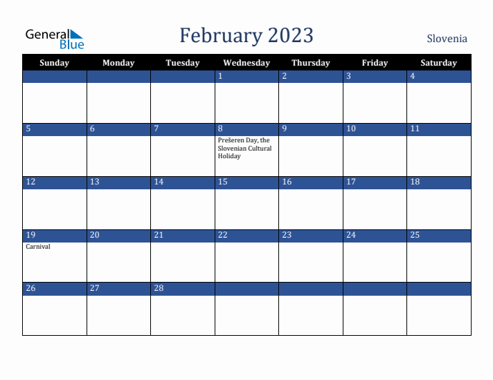 February 2023 Slovenia Calendar (Sunday Start)