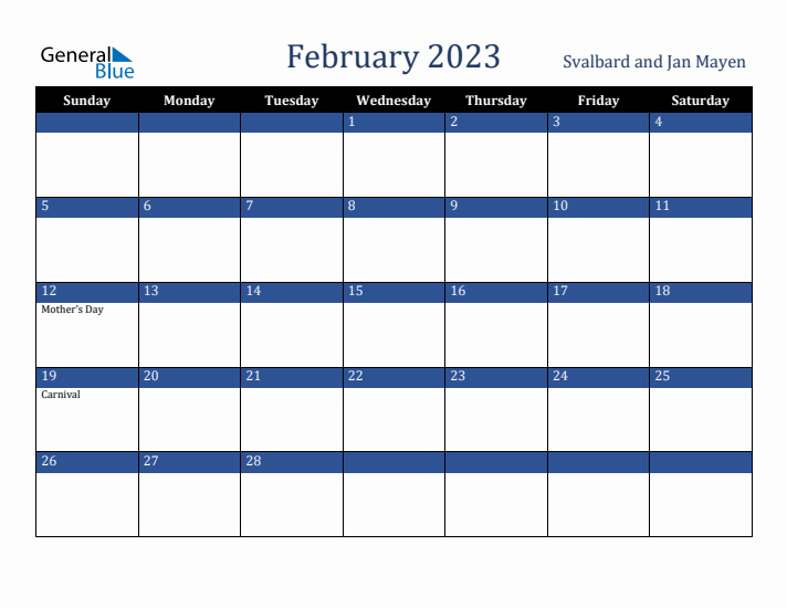 February 2023 Svalbard and Jan Mayen Calendar (Sunday Start)