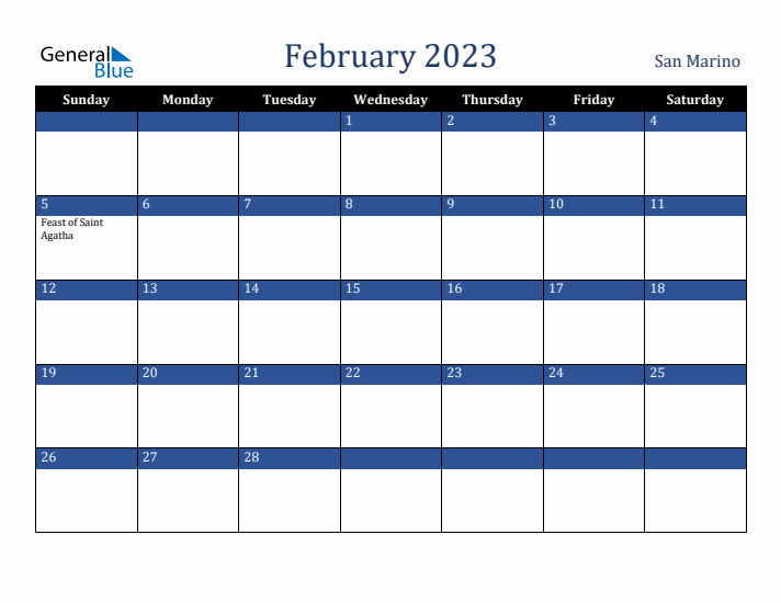 February 2023 San Marino Calendar (Sunday Start)