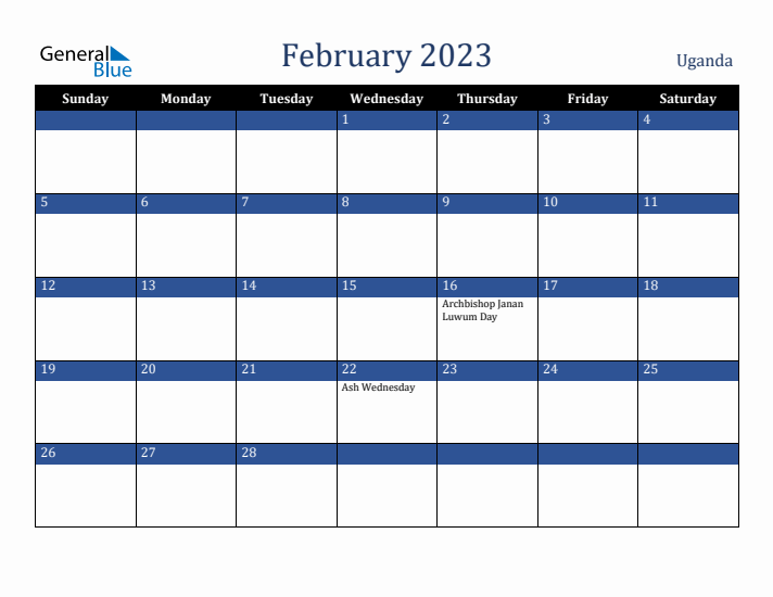 February 2023 Uganda Calendar (Sunday Start)