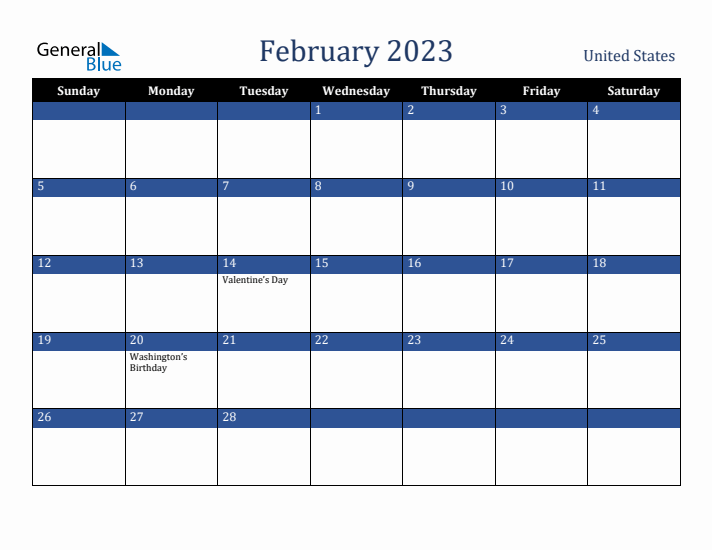 February 2023 United States Calendar (Sunday Start)