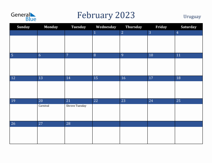 February 2023 Uruguay Calendar (Sunday Start)