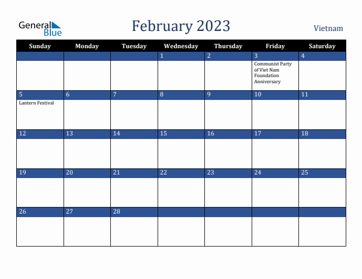 February 2023 Vietnam Calendar (Sunday Start)