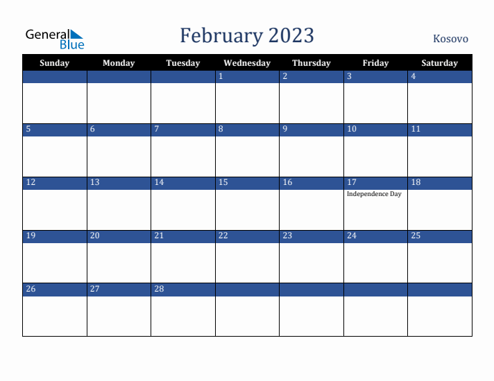 February 2023 Kosovo Calendar (Sunday Start)