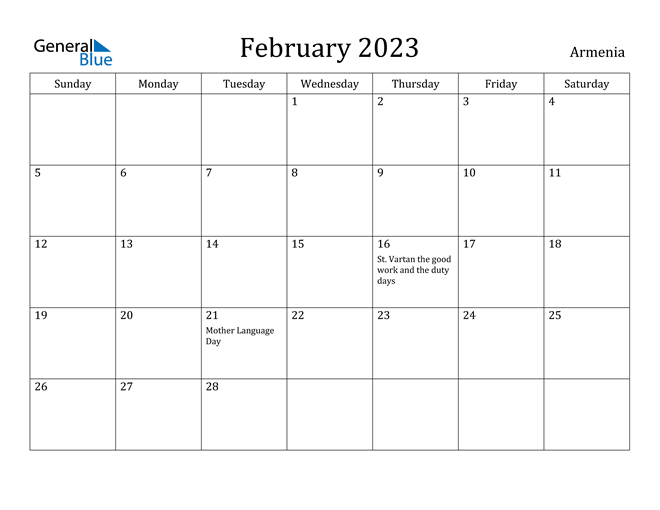 February 2023 Calendar Armenia
