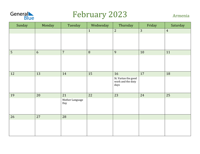February 2023 Calendar with Armenia Holidays