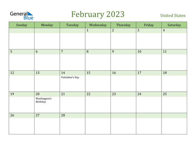 February 2023 Calendar with United States Holidays