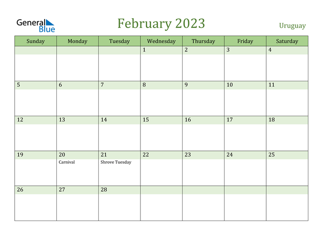February 2023 Calendar with Uruguay Holidays