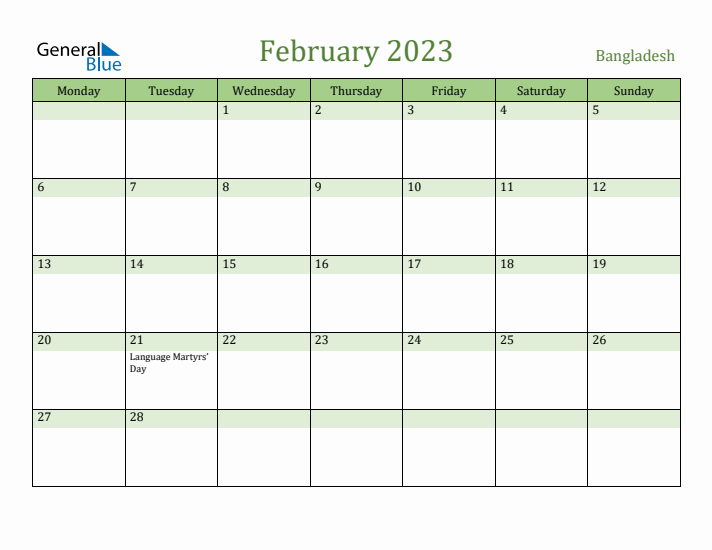 February 2023 Calendar with Bangladesh Holidays
