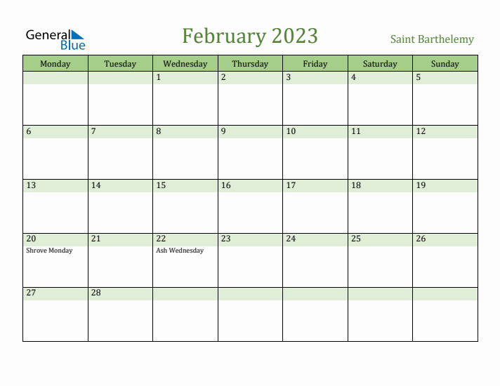 February 2023 Calendar with Saint Barthelemy Holidays