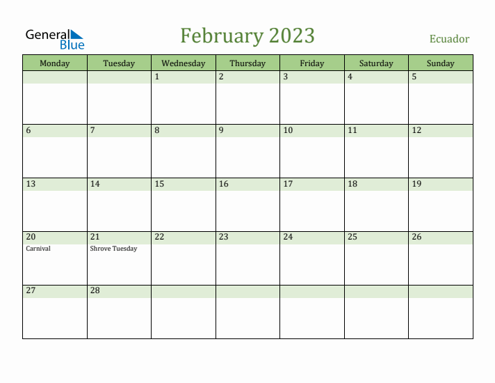 February 2023 Calendar with Ecuador Holidays