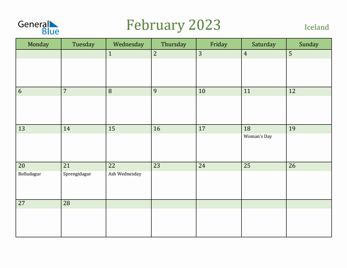 February 2023 Calendar with Iceland Holidays