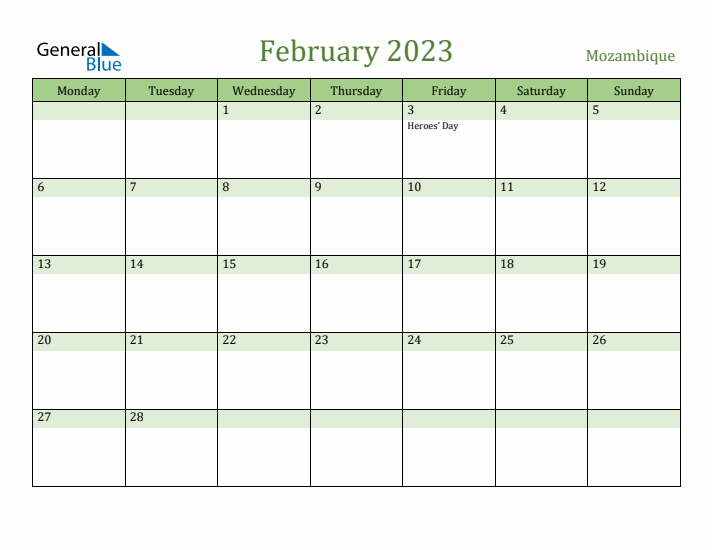 February 2023 Calendar with Mozambique Holidays