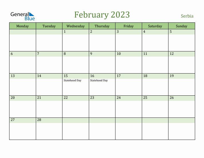 February 2023 Calendar with Serbia Holidays