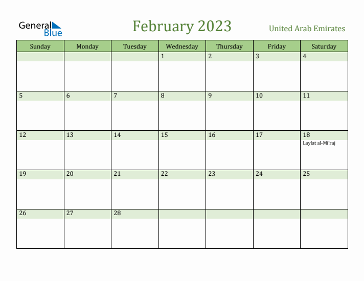 February 2023 Calendar with United Arab Emirates Holidays