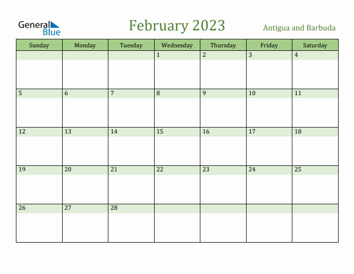 February 2023 Calendar with Antigua and Barbuda Holidays
