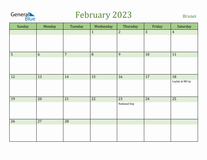 February 2023 Calendar with Brunei Holidays