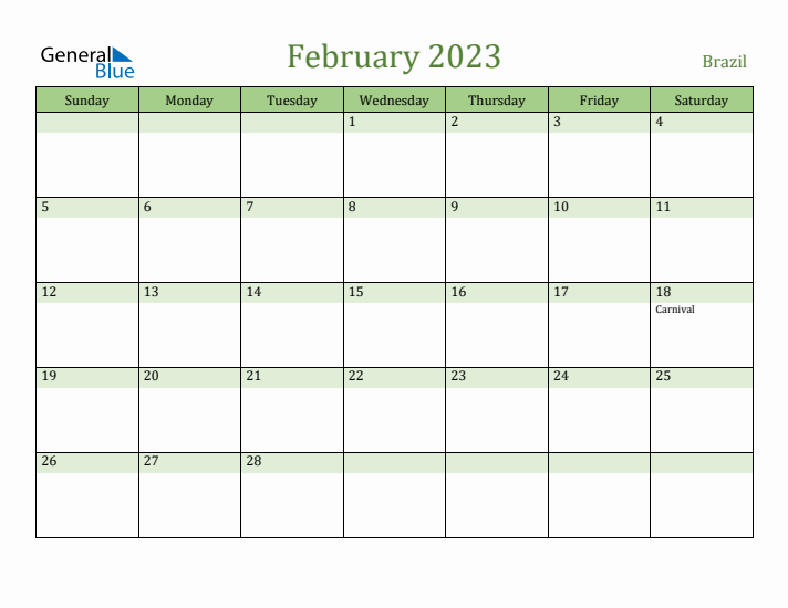 February 2023 Calendar with Brazil Holidays
