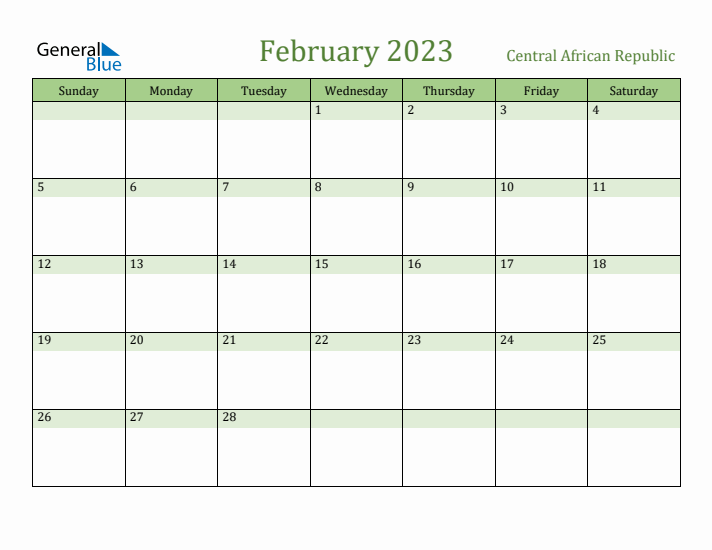February 2023 Calendar with Central African Republic Holidays