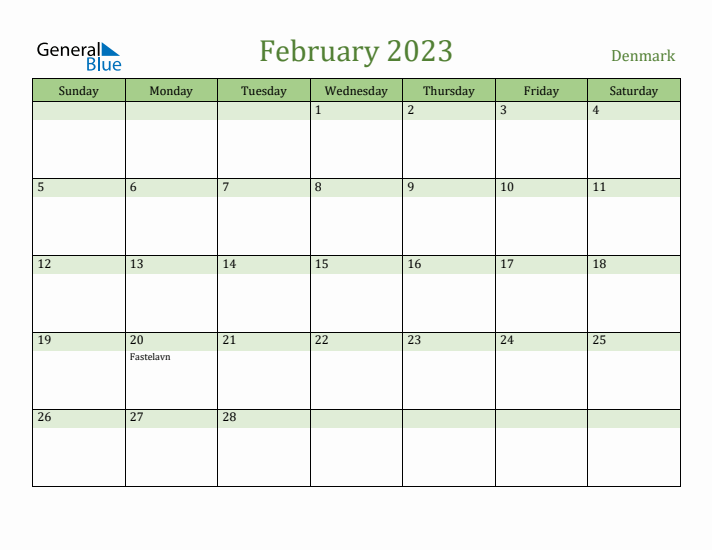 February 2023 Calendar with Denmark Holidays