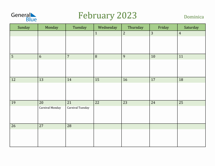 February 2023 Calendar with Dominica Holidays