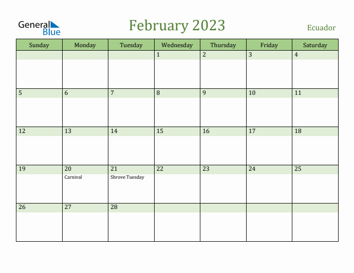 February 2023 Calendar with Ecuador Holidays