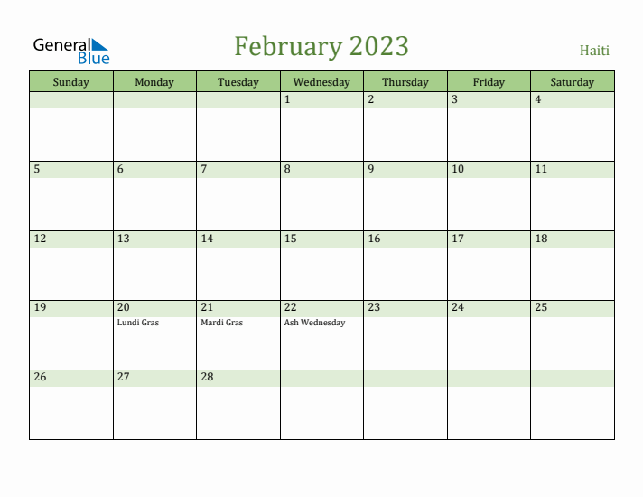 February 2023 Calendar with Haiti Holidays